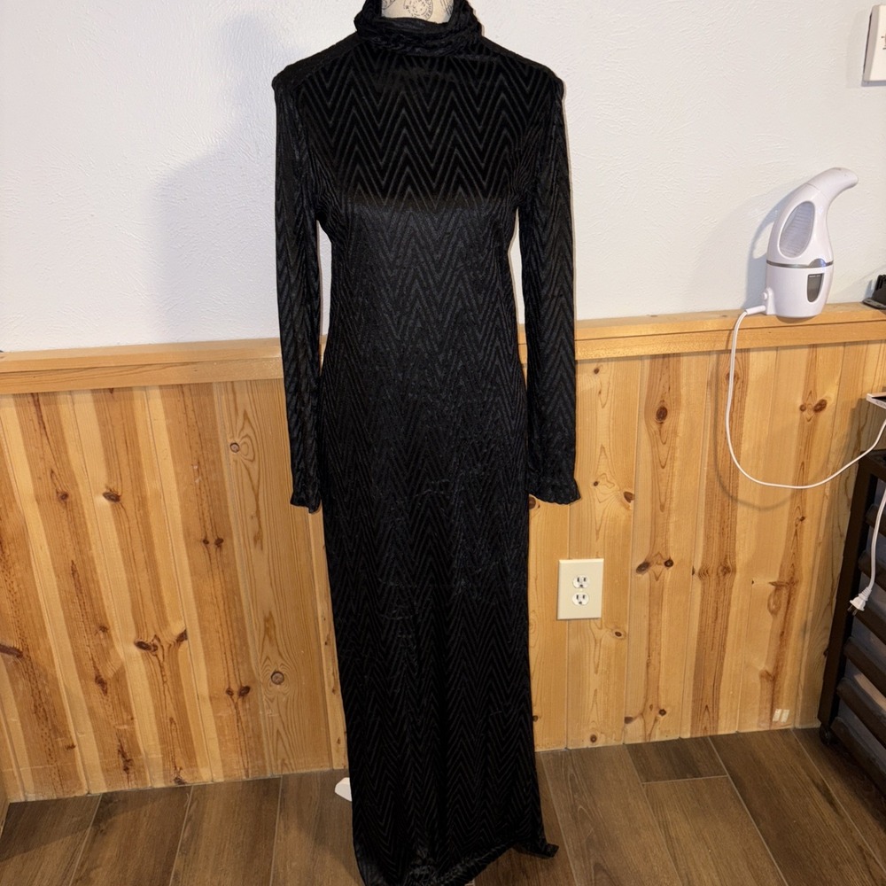 Vintage Nancy Greer Dress Black‎ Mock Neck Medium 1960s Chevron Velvet